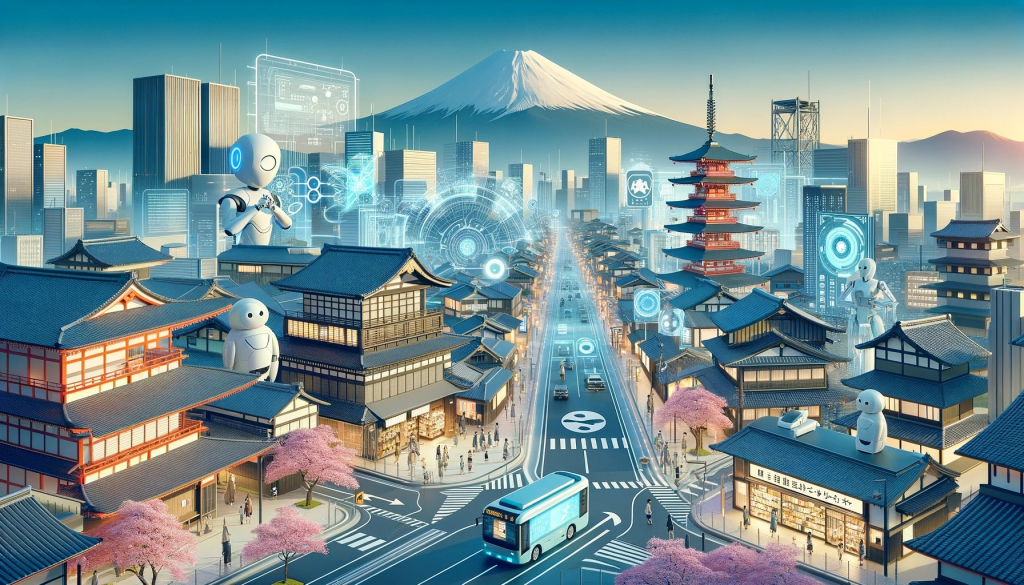  "Illustration of a futuristic Japanese cityscape showing a blend of traditional architecture and advanced AI technology, symbolizing Japan's leadership in AI."